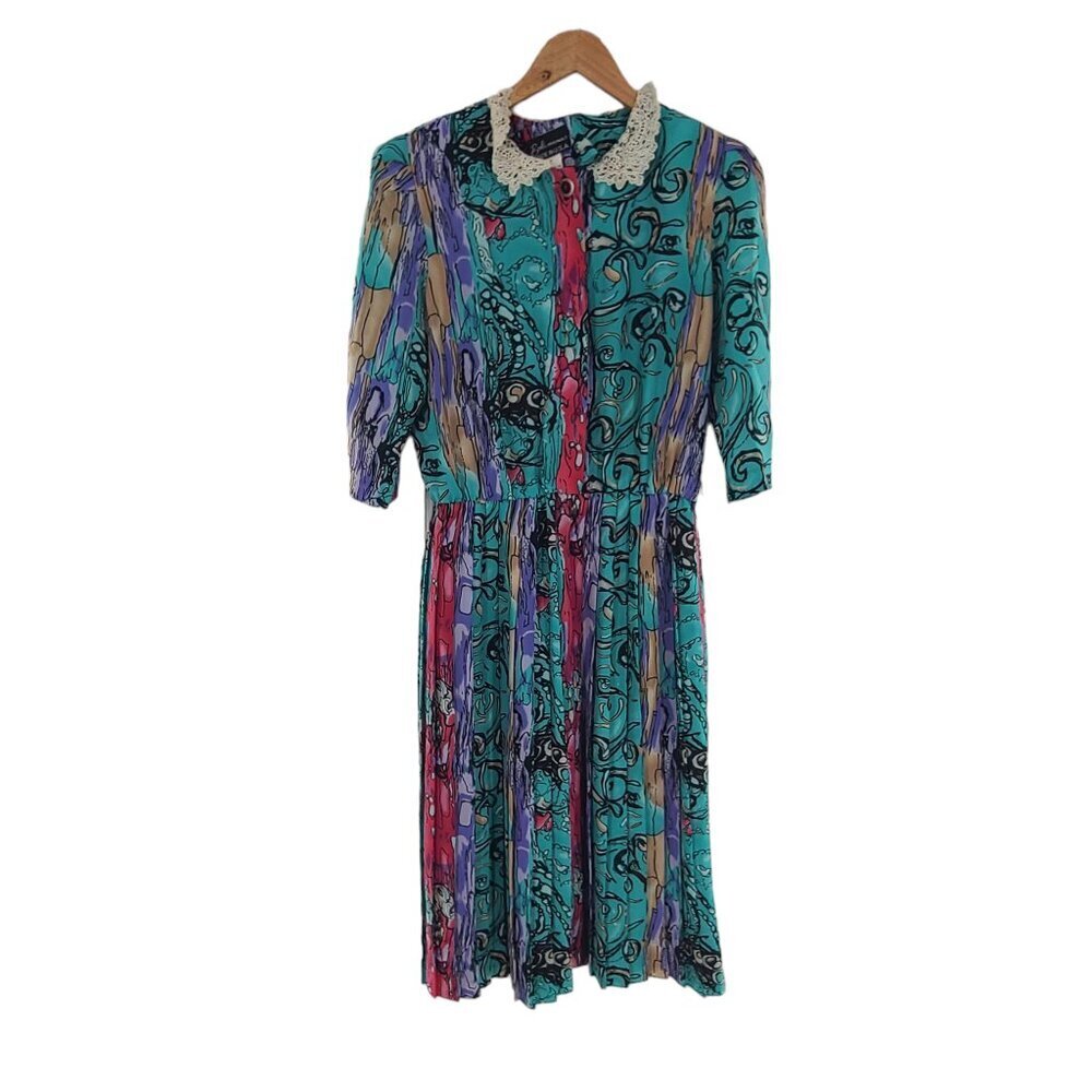 Vintage 80s Breli Originals Sz 14 Secretary Dress‎ Abstract Print Crochet Neck